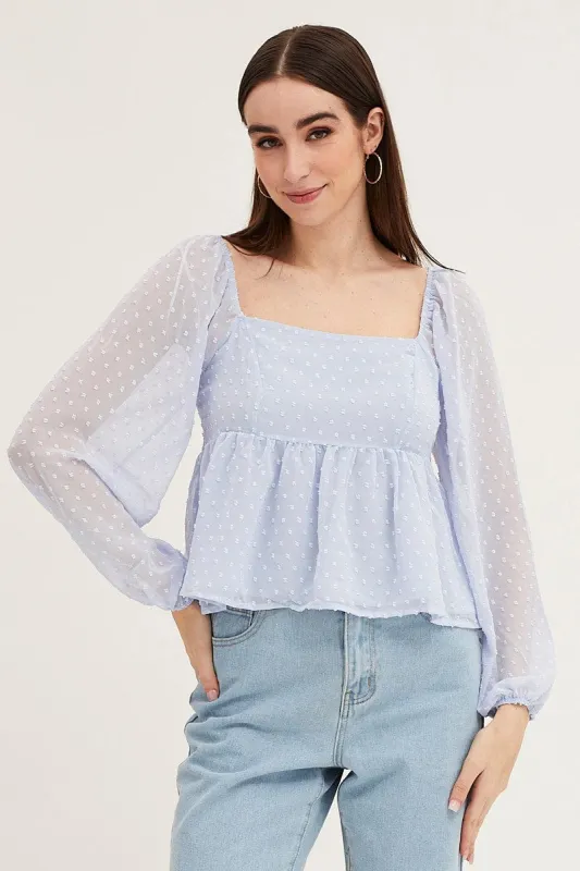 Blue Puff Sleeve Peplum Top sold by Ally Fashion