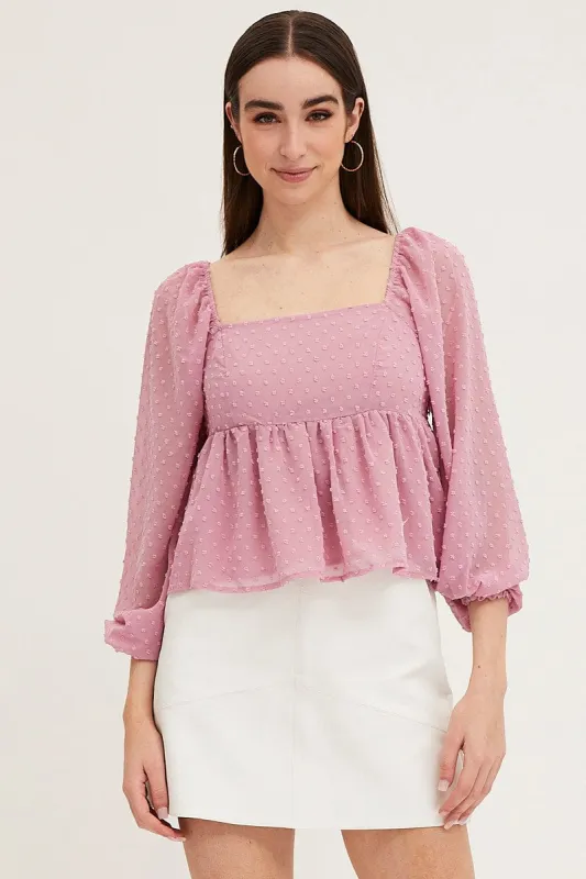 Pink Puff Sleeve Peplum Top sold by Ally Fashion
