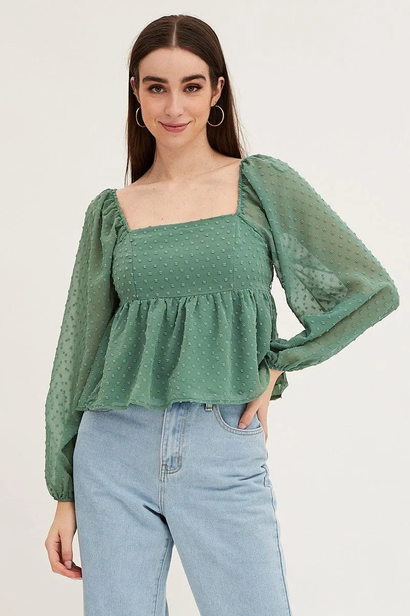 Green Puff Sleeve Peplum Top sold by Ally Fashion