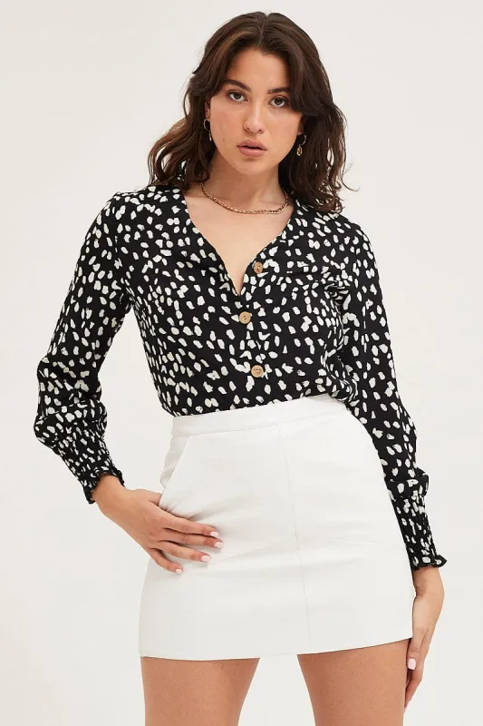 Geo Print Button Front Top Long Sleeve V-Neck sold by Ally Fashion