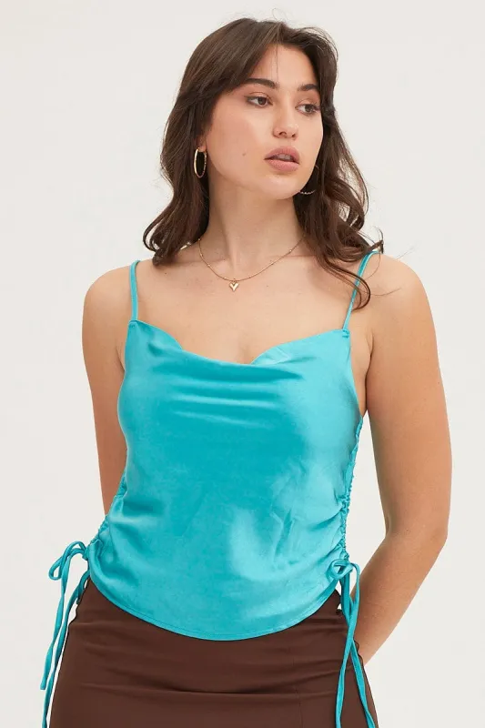 Blue Cami Top Sleeveless Cowl Neck Satin sold by Ally Fashion