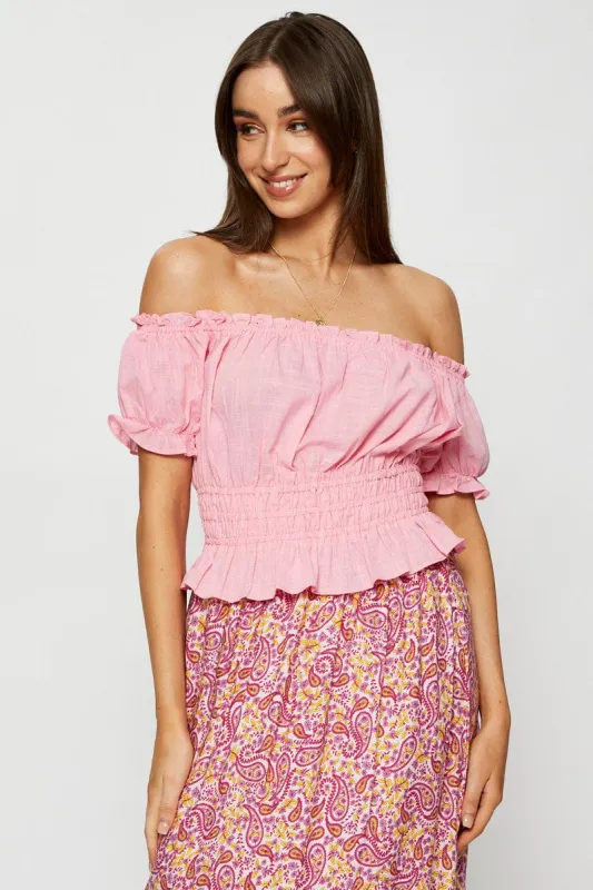 Pink Crop Top Off Shoulder sold by Ally Fashion