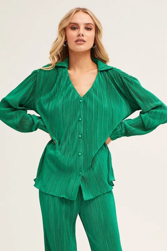 Green Plisse Shirt Long Sleeve Button Front sold by Ally Fashion