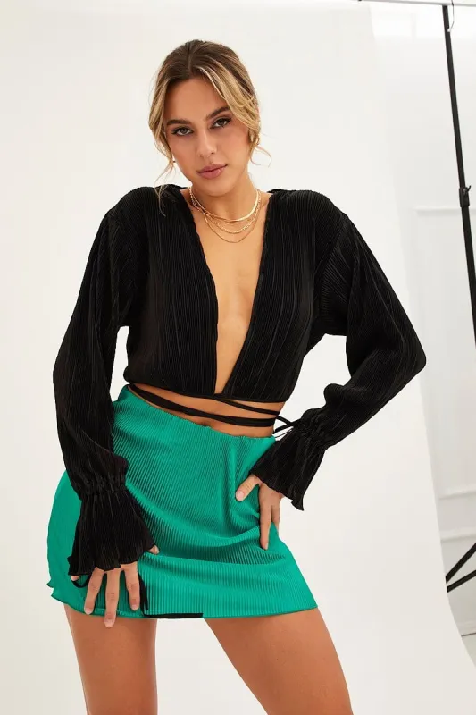 Black Plisse Wrap Top Long Sleeve Crop sold by Ally Fashion