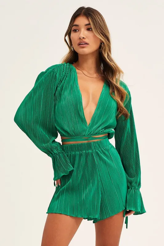 Green Plisse Wrap Top Long Sleeve Crop sold by Ally Fashion