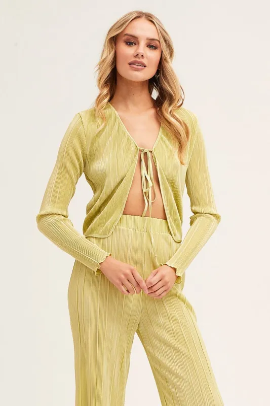 Green Plisse Top Tie Front Long Sleeve sold by Ally Fashion