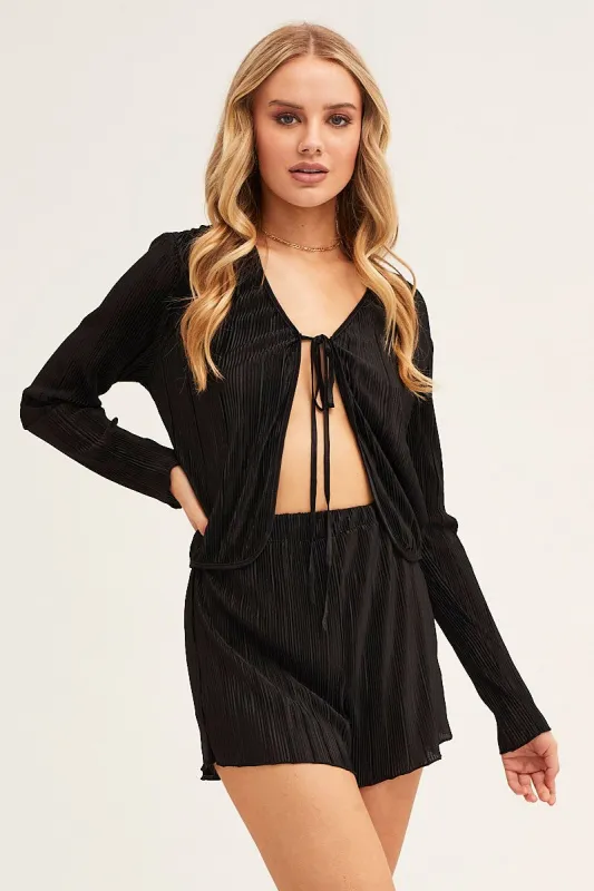 Black Plisse Top Tie Front Long Sleeve sold by Ally Fashion