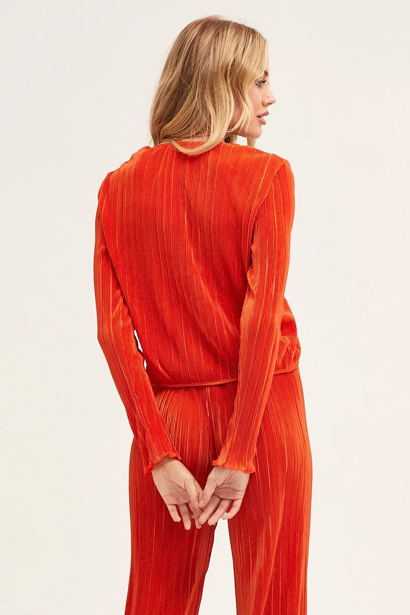 Orange Plisse Top Tie Front Long Sleeve sold by Ally Fashion product image thumbnail 4