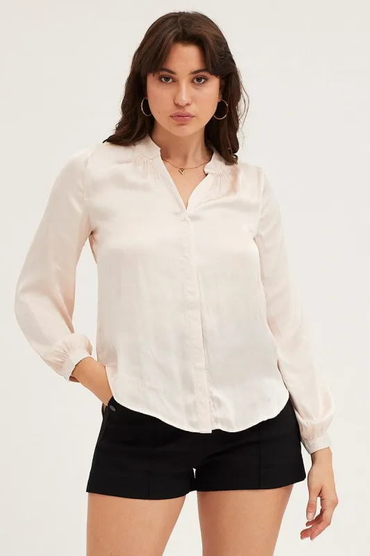 White Shirt Long Sleeve Gathered Satin sold by Ally Fashion