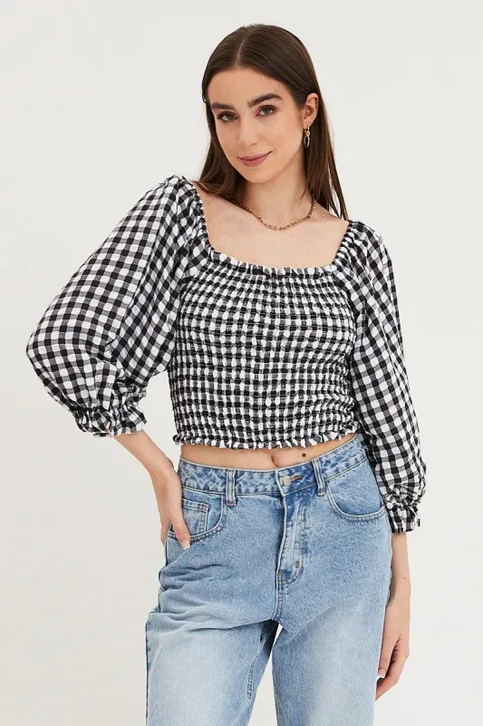 Check Shirred Top Three-Quarter Crop sold by Ally Fashion