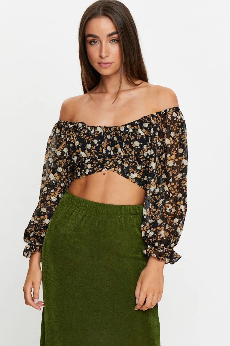 Print 3/4 Sleeve Crop Top sold by Ally Fashion