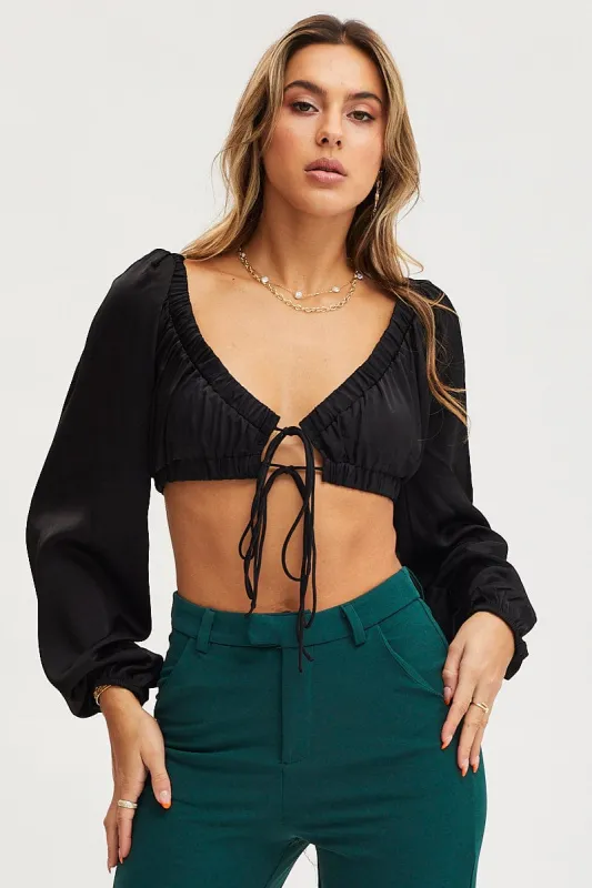 Black Tie Up Top Long Sleeve Crop sold by Ally Fashion