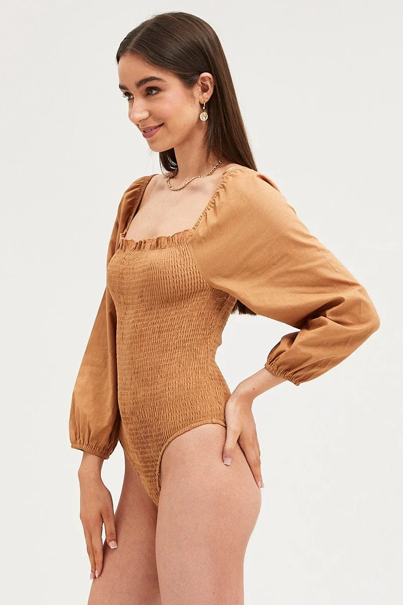 Brown Bodysuit Top Long Sleeve sold by Ally Fashion product image thumbnail 2