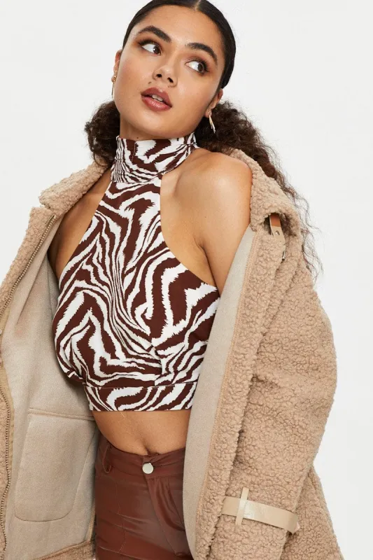 Print Sleeveless Zebra High Neck Crop Top sold by Ally Fashion