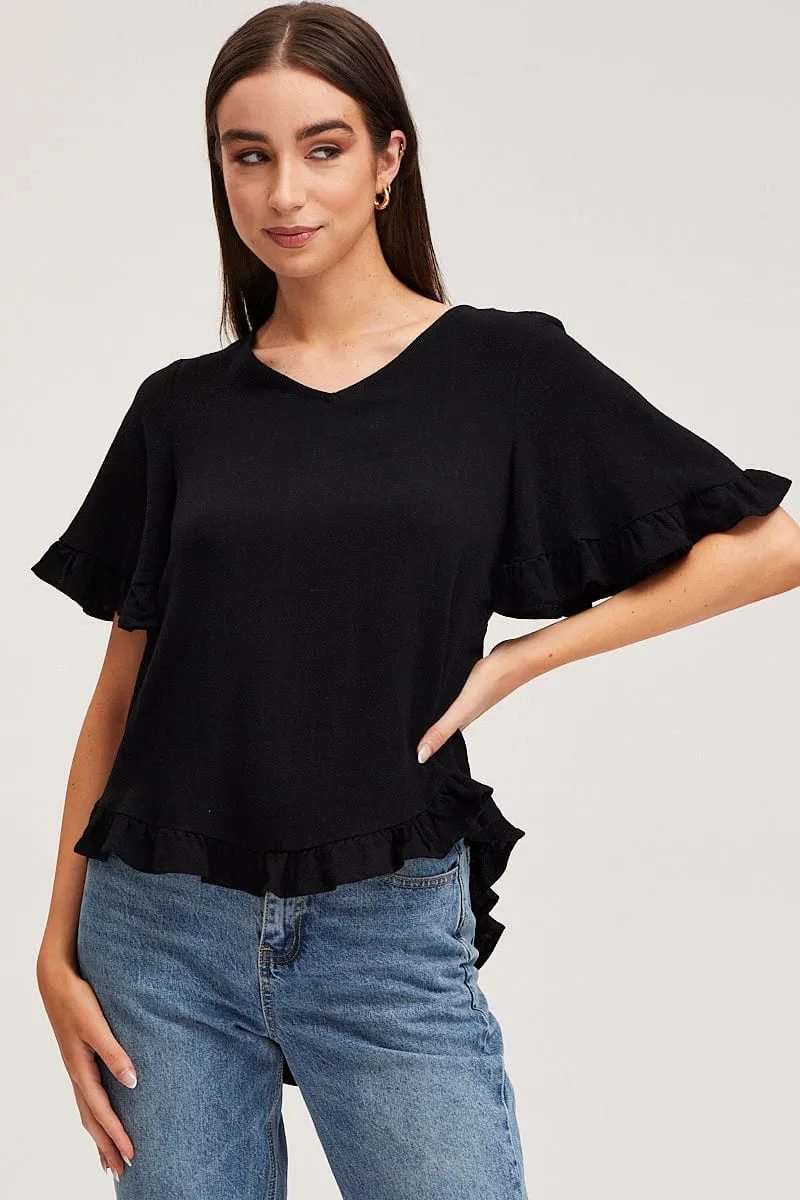 Black Frill Top Short Sleeve V-Neck sold by Ally Fashion