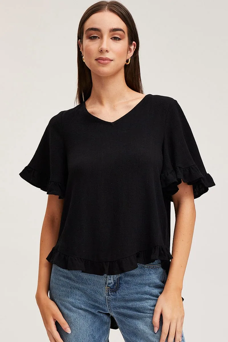 Black Frill Top Short Sleeve V-Neck sold by Ally Fashion product image thumbnail 3