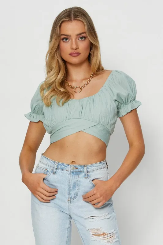 Green Crop Top Short Sleeve Tie Up sold by Ally Fashion