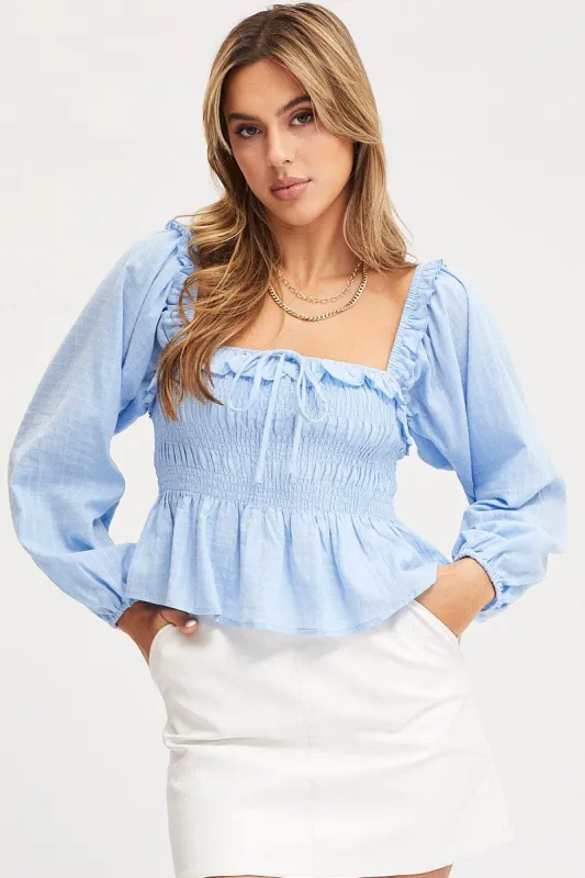Blue Peplum Top Long Sleeve Semi Crop sold by Ally Fashion