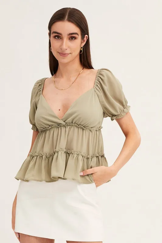 Green Frill Detail V Neck Boxy Top sold by Ally Fashion