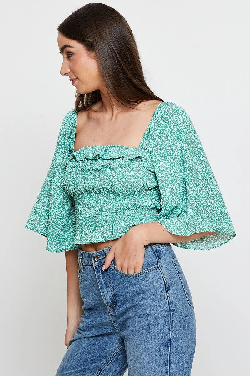 Green Print Crop Top Short Sleeve Crop Square Neck sold by Ally Fashion product image thumbnail 4