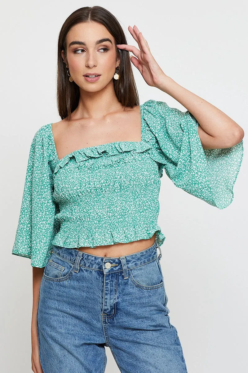 Green Print Crop Top Short Sleeve Crop Square Neck sold by Ally Fashion product image thumbnail 3