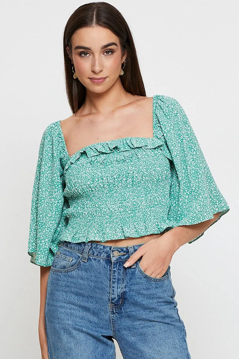 Green Print Crop Top Short Sleeve Crop Square Neck sold by Ally Fashion