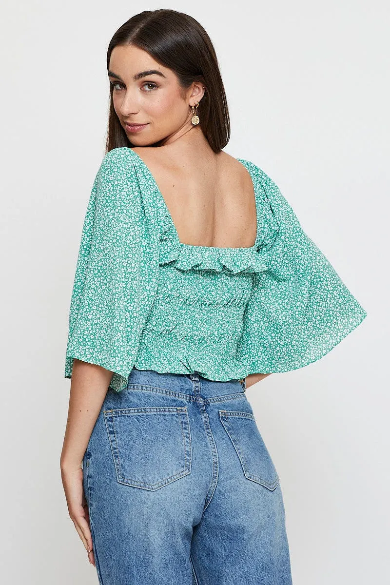 Green Print Crop Top Short Sleeve Crop Square Neck sold by Ally Fashion product image thumbnail 5