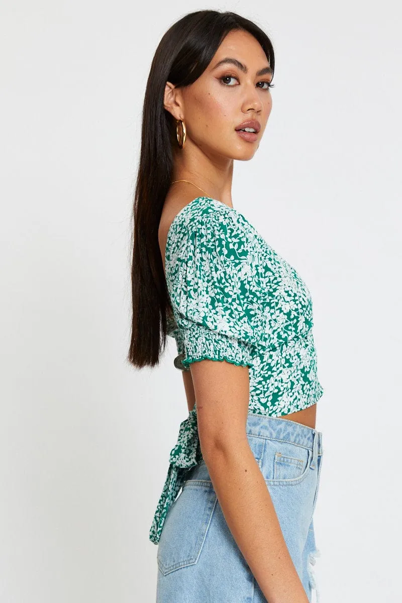 Ditsy Print Crop Top Short Sleeve Tie Up sold by Ally Fashion product image thumbnail 4