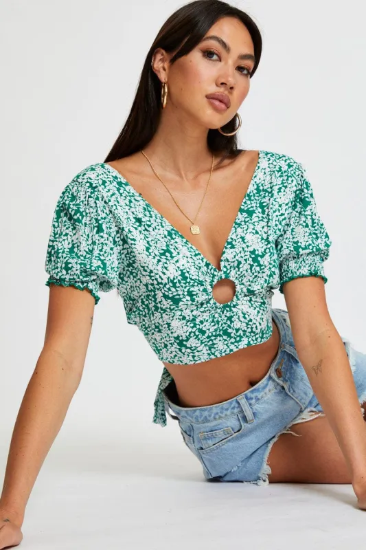 Ditsy Print Crop Top Short Sleeve Tie Up sold by Ally Fashion