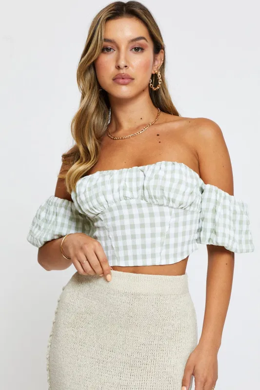 Check Crop Top Off Shoulder Short Sleeve sold by Ally Fashion