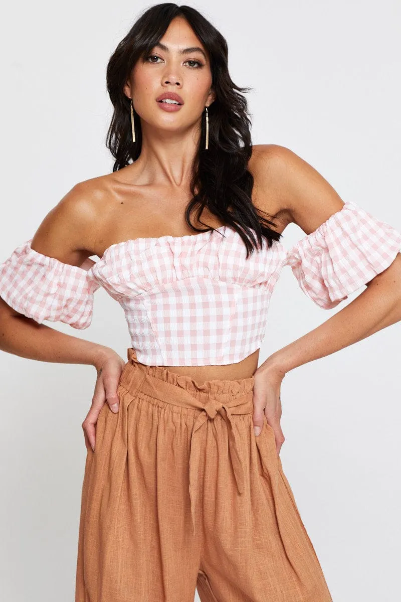 Check Crop Top Off Shoulder Short Sleeve sold by Ally Fashion