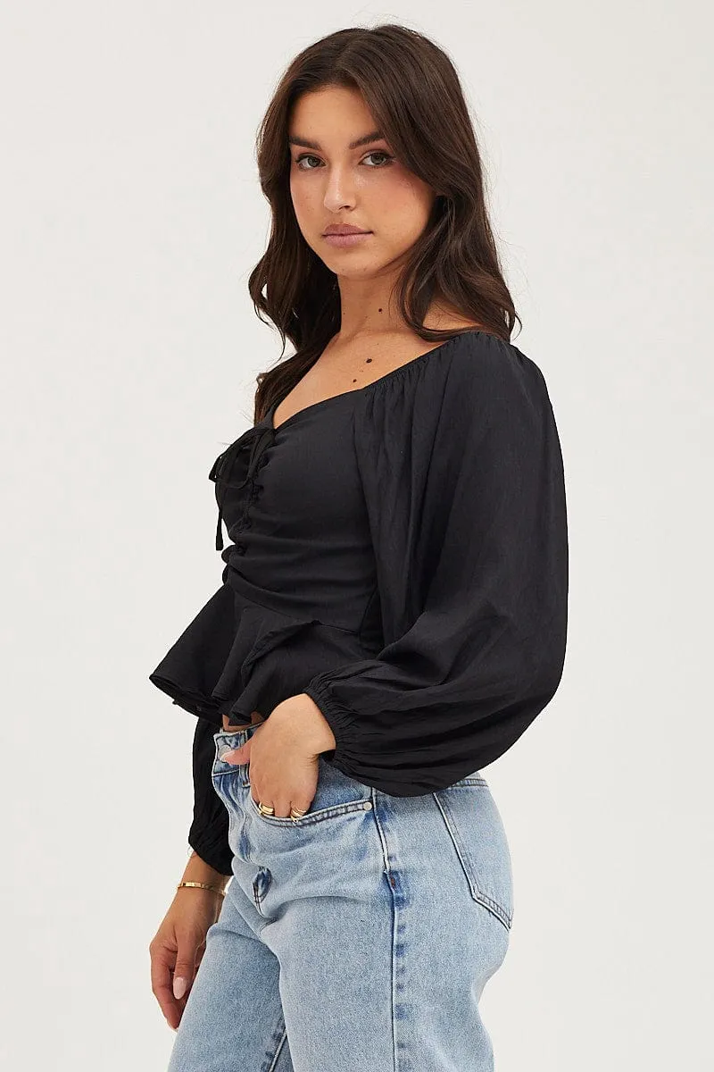 Black 3/4 Sleeves Ruched Front Ruffled Peplum Top sold by Ally Fashion product image thumbnail 4