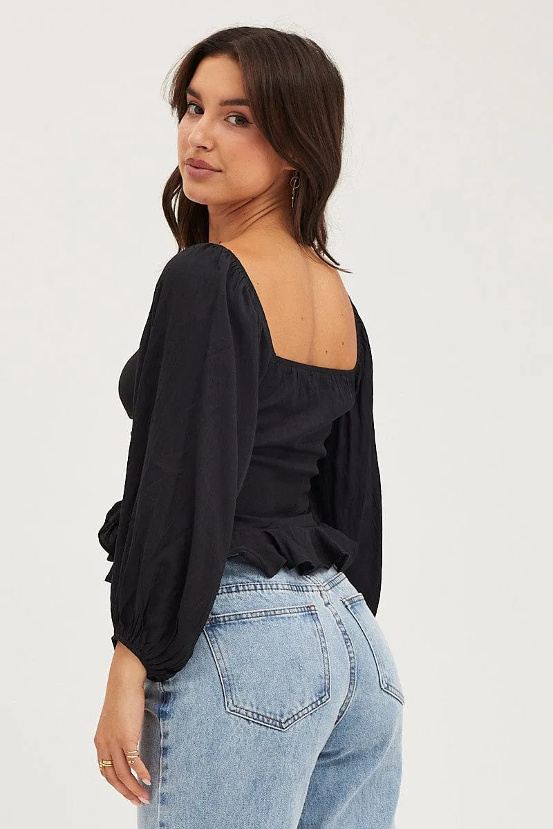 Black 3/4 Sleeves Ruched Front Ruffled Peplum Top sold by Ally Fashion product image thumbnail 5