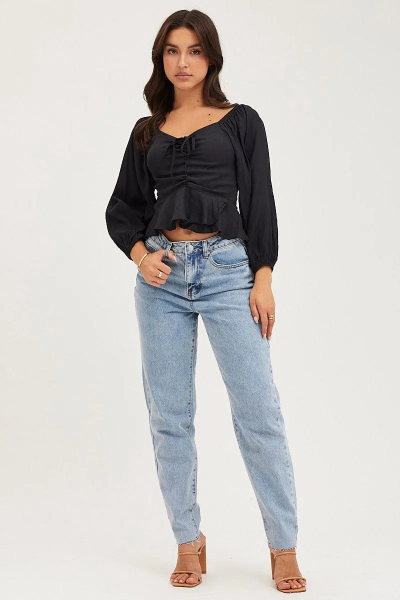 Black 3/4 Sleeves Ruched Front Ruffled Peplum Top sold by Ally Fashion product image thumbnail 2