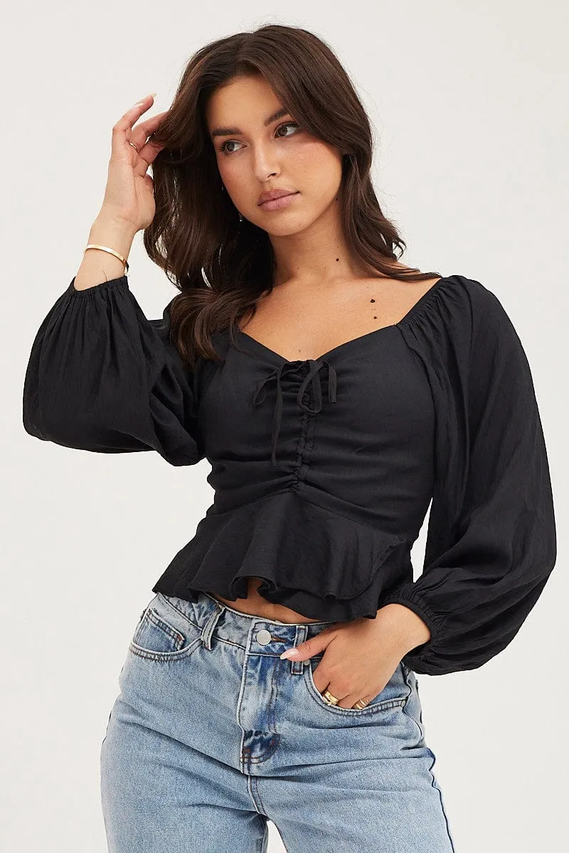 Black 3/4 Sleeves Ruched Front Ruffled Peplum Top sold by Ally Fashion