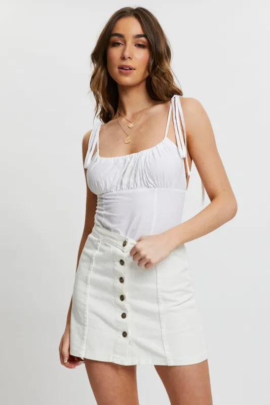 White Tie Strap Scoop Neck Gathered Singlet sold by Ally Fashion