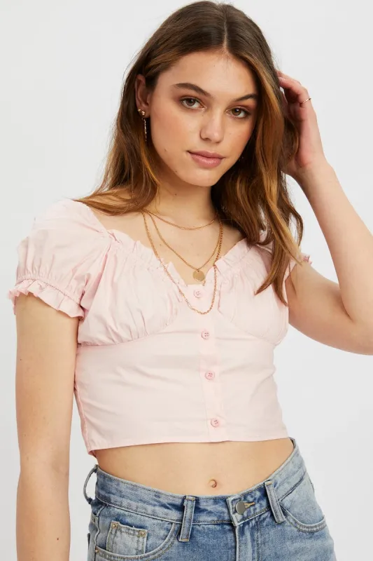 Pink Button Front Puff Sleeve Milkmaid Top sold by Ally Fashion