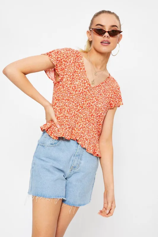 Print Button Down Ruffle Top sold by Ally Fashion