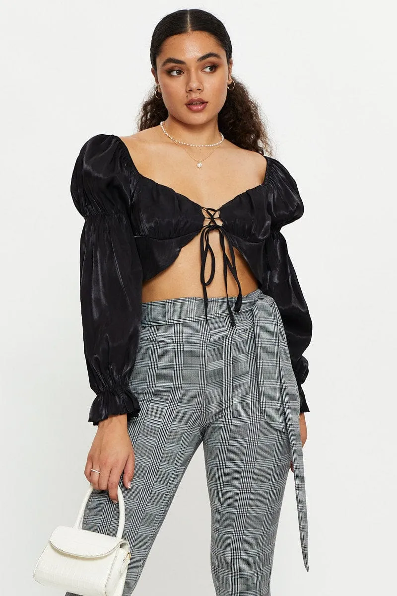 Black Satin Gathered Sleeve Top sold by Ally Fashion