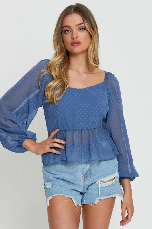 Blue Peplum Top Long Sleeve sold by Ally Fashion