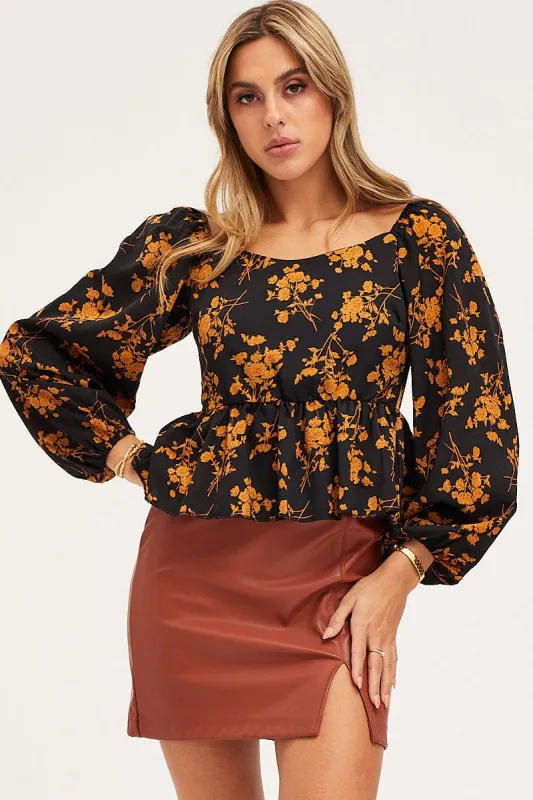 Print Peplum Top Long Sleeve sold by Ally Fashion