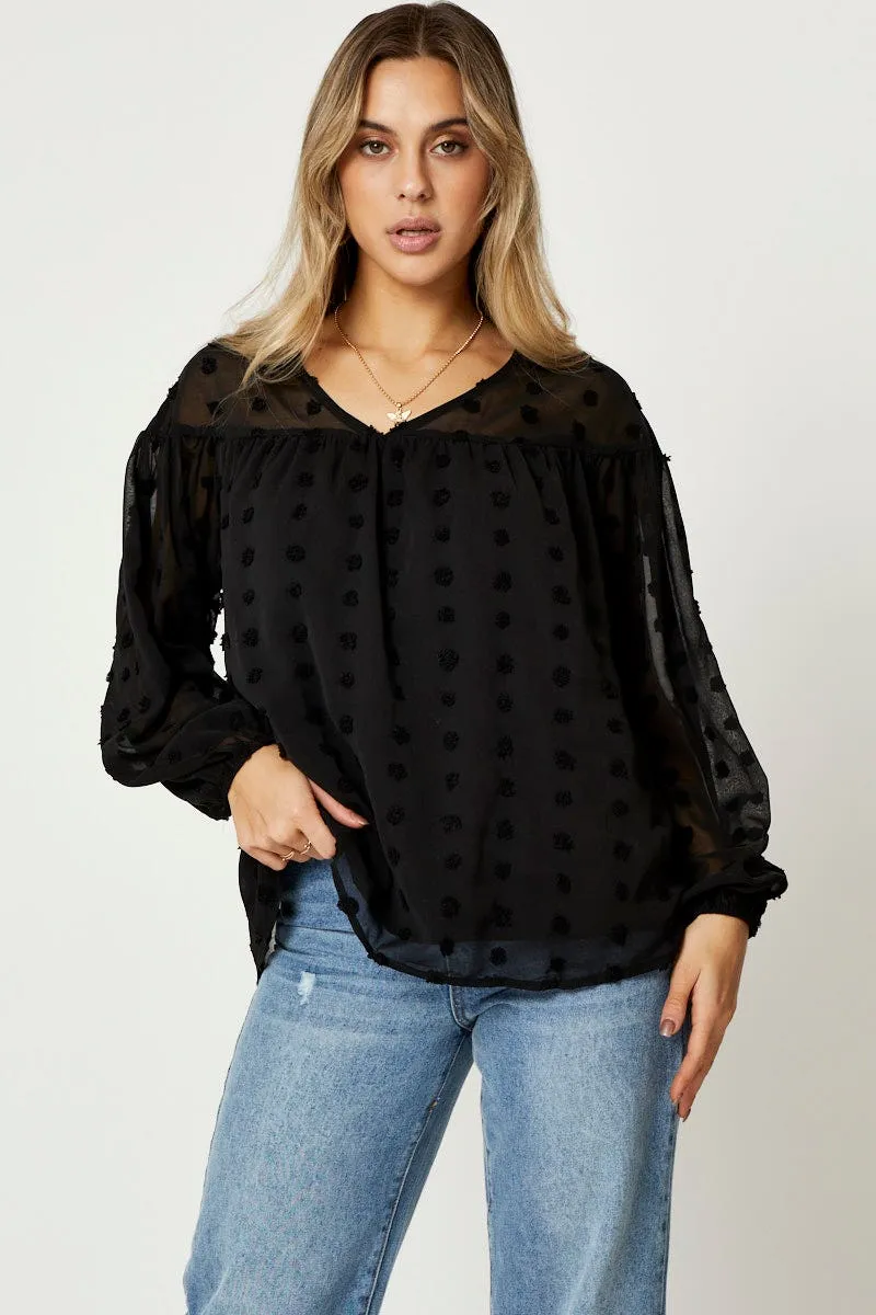 Black Swiss Dot Smock Top sold by Ally Fashion
