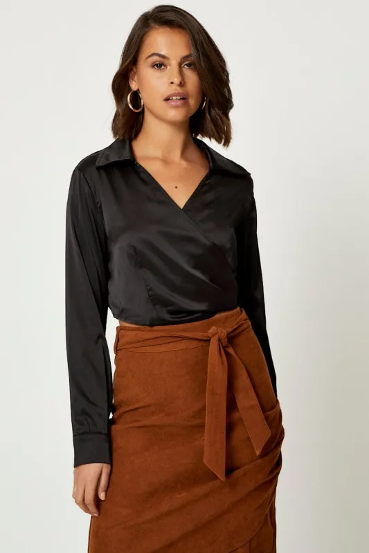 Black Satin Wrap Shirt sold by Ally Fashion