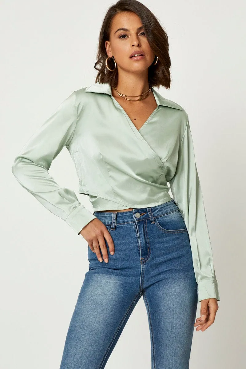 Green Satin Wrap Shirt sold by Ally Fashion