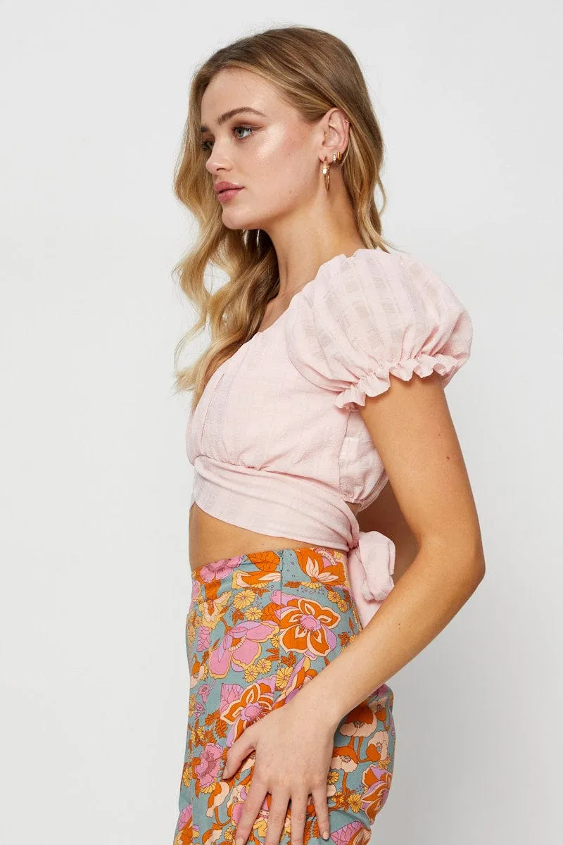 Pink Crop Top Short Sleeve Tie Up sold by Ally Fashion product image thumbnail 4