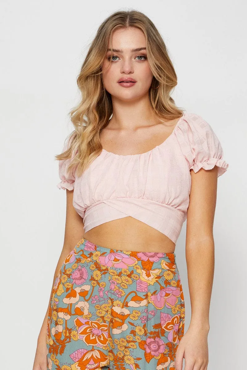 Pink Crop Top Short Sleeve Tie Up sold by Ally Fashion