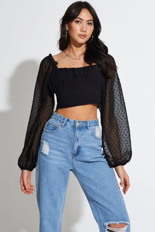 Black Crop Top Long Sleeve Square Neck sold by Ally Fashion