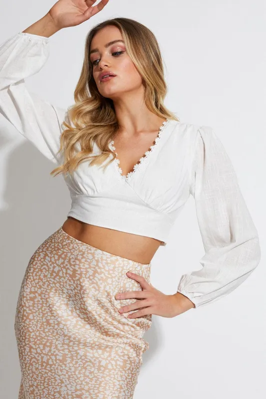 White Crop Top Long Sleeve V-Neck sold by Ally Fashion