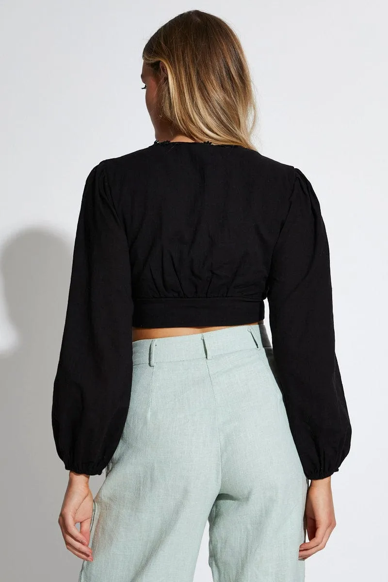 Black Crop Top Long Sleeve V-Neck sold by Ally Fashion product image thumbnail 4