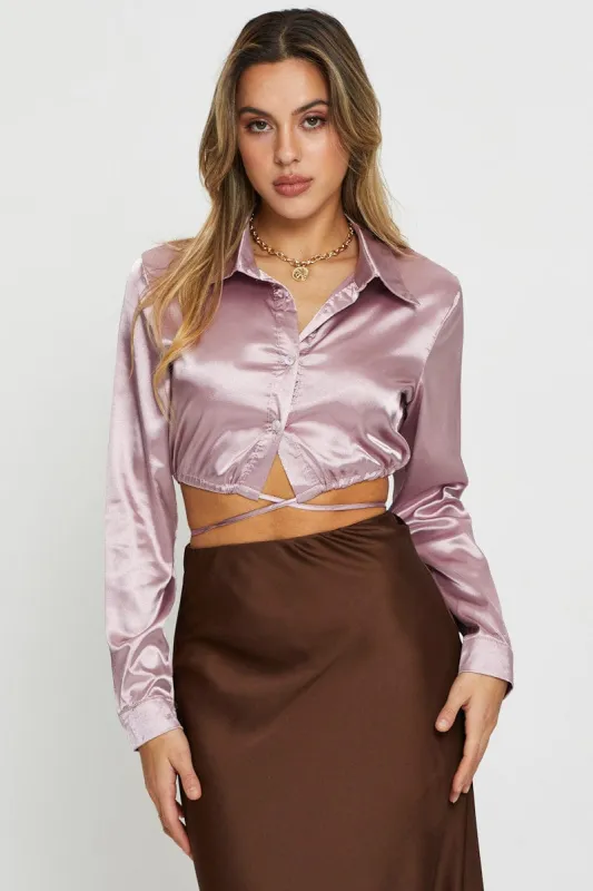 Pink Wrap Blouse Long Sleeve Collared Satin made by Ally Fashion